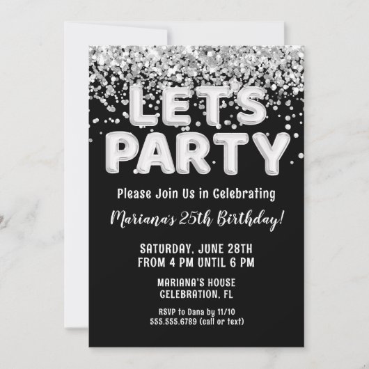 Black Silver Glitter verjaardagsfeestje Kaart (Voorkant)