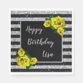 Black Silver Glitter Yellow Roses Birthday Servet (Voorkant)