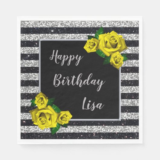 Black Silver Glitter Yellow Roses Birthday Servet (Voorkant)