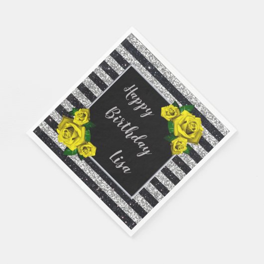 Black Silver Glitter Yellow Roses Birthday Servet (Hoek)