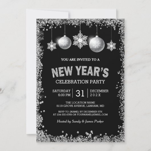 Black Silver Glitters nieuwjaarsfeest Kaart (Voorkant)