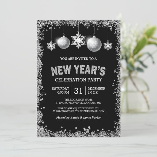 Black Silver Glitters nieuwjaarsfeest Kaart (Staand voorkant)
