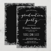 Black Silver Glitters Typography Graduparty Kaart (Voorkant / Achterkant)