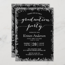 Black Silver Glitters Typography Graduparty Kaart