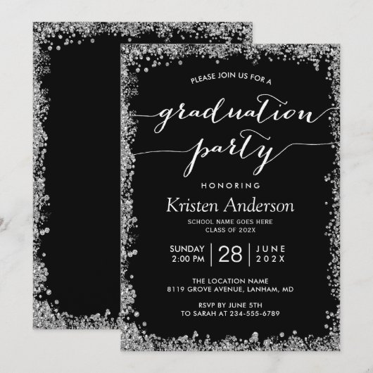 Black Silver Glitters Typography Graduparty Kaart (Voorkant / Achterkant)