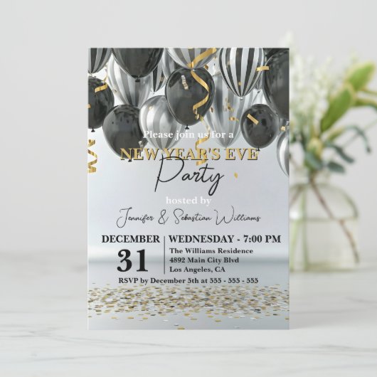 Black Silver Gold Confetti New Year's Eve Party Kaart (Staand voorkant)