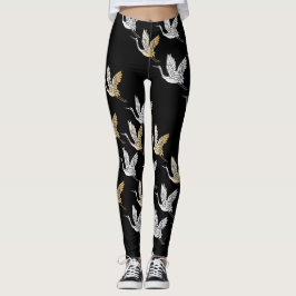 Black Silver Gold Crane Japans patroonpatroon Leggings
