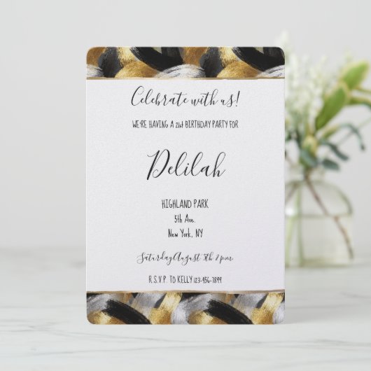 Black Silver Gold Glam Abstract Birthday Kaart (Staand voorkant)