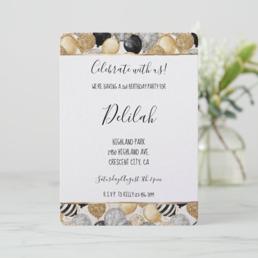 Black Silver Gold Glam Balloons Birthday Kaart (Staand voorkant)