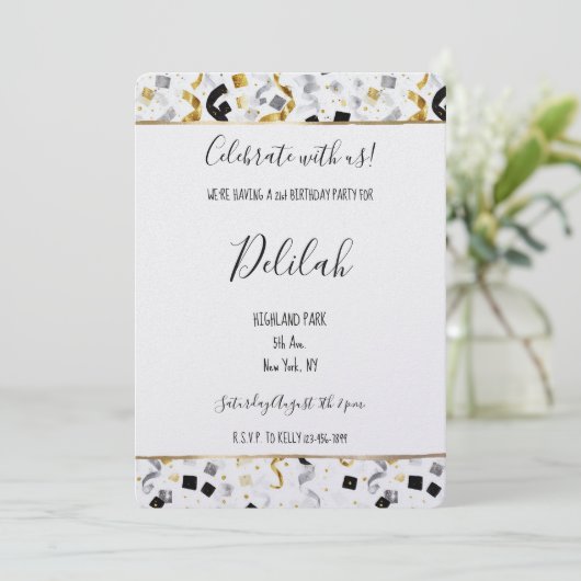 Black Silver Gold Glam Confetti Birthday Kaart (Staand voorkant)
