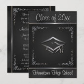 Black Silver Graduation Invitations Kaart (Voorkant / Achterkant)