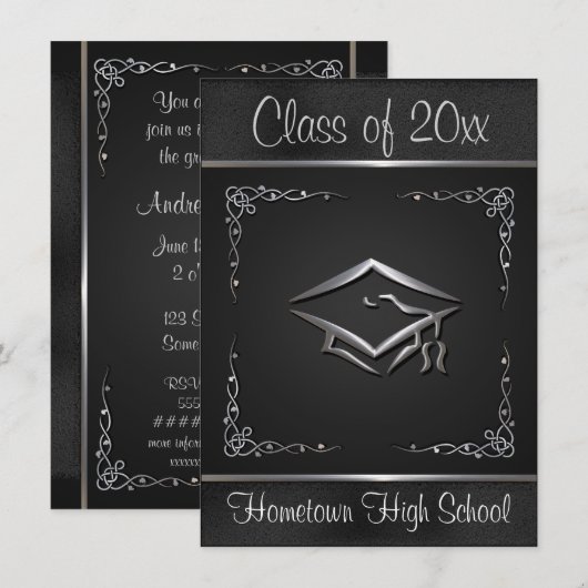 Black Silver Graduation Invitations Kaart (Voorkant / Achterkant)