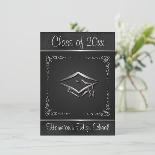Black Silver Graduation Invitations Kaart (Staand voorkant)