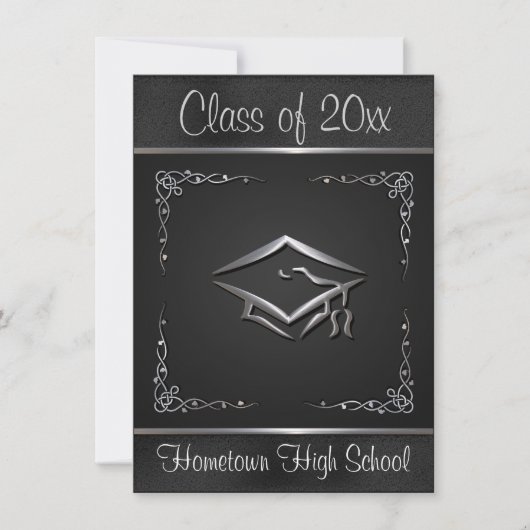 Black Silver Graduation Invitations Kaart (Voorkant)