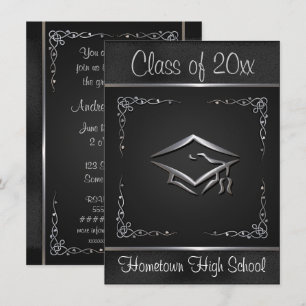 Black Silver Graduation Invitations Kaart