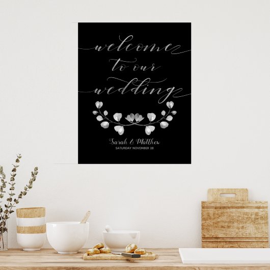 Black & Silver Greenery Welkom bij ons huwelijk Poster (Keuken)