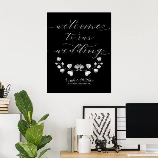 Black & Silver Greenery Welkom bij ons huwelijk Poster (Thuiskantoor)