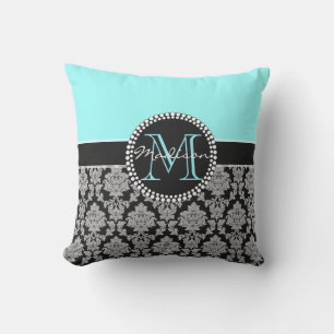 Black Silver Grey Damask, turquoise, aqua blue Buitenkussen