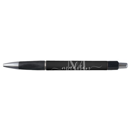 Black Silver Grey Monogram Script Name Stylish Pen (Voorkant)
