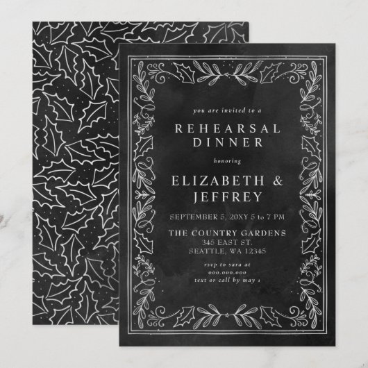 Black Silver Holly-kerstrepesial Dinner Kaart (Voorkant / Achterkant)