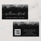 Black Silver Holographic Glitter QR Code Visitekaartje (Voorkant / Achterkant)