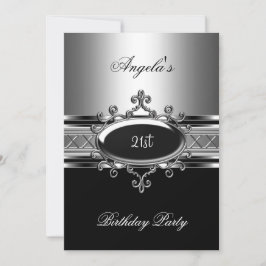 Black Silver Jewel 21st Elegant Birthday Party Kaart