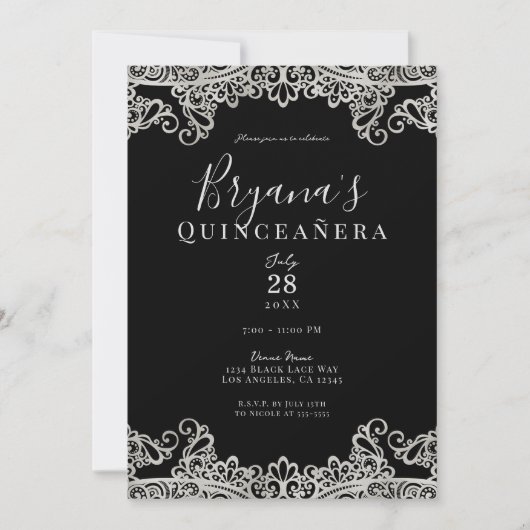 Black & Silver Lace Elegant Quinceañera Party Kaart (Voorkant)
