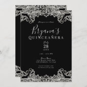 Black & Silver Lace Elegant Quinceañera Party Kaart (Voorkant / Achterkant)
