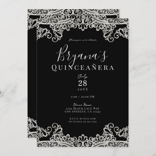 Black & Silver Lace Elegant Quinceañera Party Kaart (Voorkant / Achterkant)