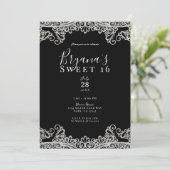 Black & Silver Lace Elegant Sweet 16 Party Kaart (Staand voorkant)
