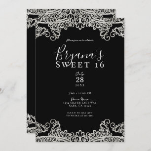 Black & Silver Lace Elegant Sweet 16 Party Kaart