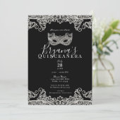 Black & Silver Lace Masquerade 15th Quinceañera Kaart (Staand voorkant)