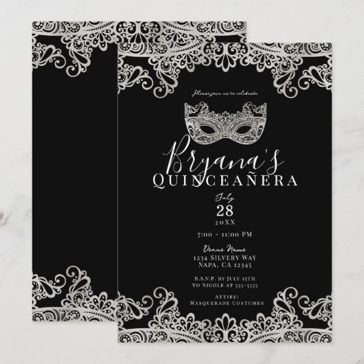 Black & Silver Lace Masquerade 15th Quinceañera Kaart (Voorkant / Achterkant)