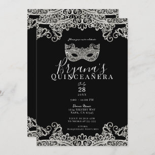Black & Silver Lace Masquerade 15th Quinceañera Kaart