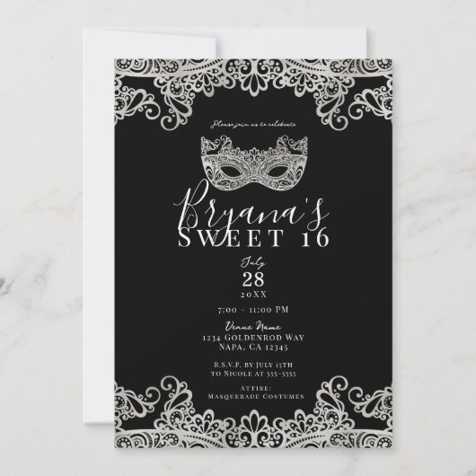 Black & Silver Lace Masquerade Sweet 16 Party Kaart (Voorkant)