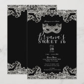 Black & Silver Lace Masquerade Sweet 16 Party Kaart (Voorkant / Achterkant)
