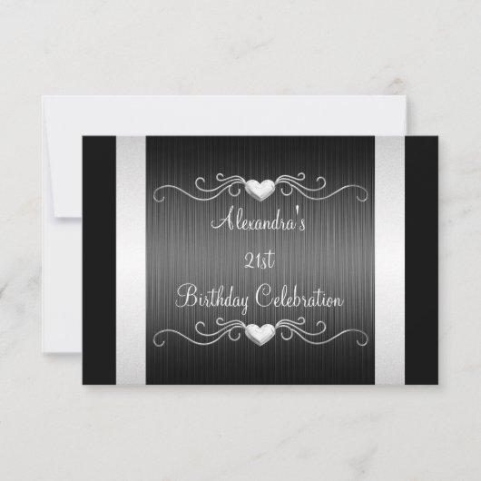 Black Silver Love Hearts 21st Birthday Event 2 Kaart (Voorkant)