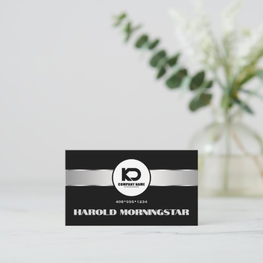 Black Silver Metallic Band Qr en Logo Visitekaartje (Staand voorkant)