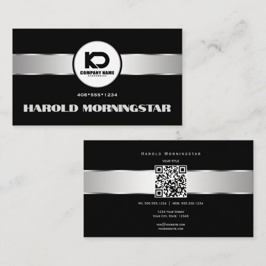 Black Silver Metallic Band Qr en Logo Visitekaartje (Voorkant / Achterkant)