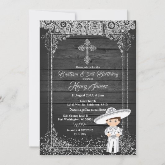 Black Silver Mexican Charro baptism & 3rd Birthday Kaart (Voorkant)