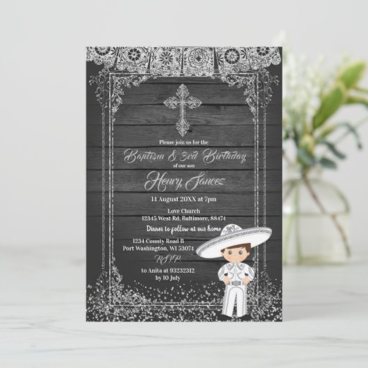 Black Silver Mexican Charro baptism & 3rd Birthday Kaart (Staand voorkant)