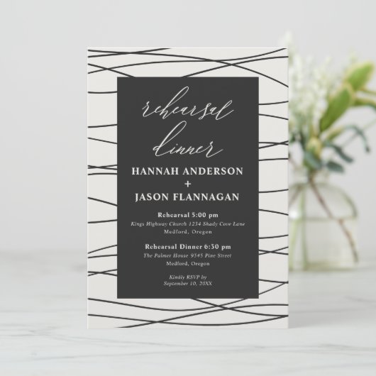 Black Silver Minimalist Rehearings Dinner Kaart (Staand voorkant)