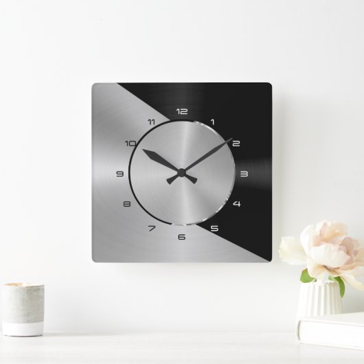 Black & Silver Modern Metallic Geometric design 2 Vierkante Klok (Huis)