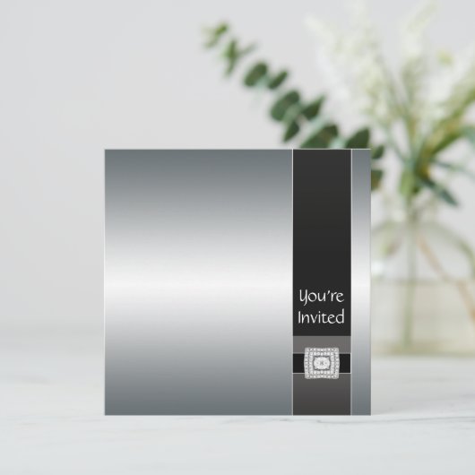 Black Silver Modern Party Invitation Sjabloon Kaart (Staand voorkant)