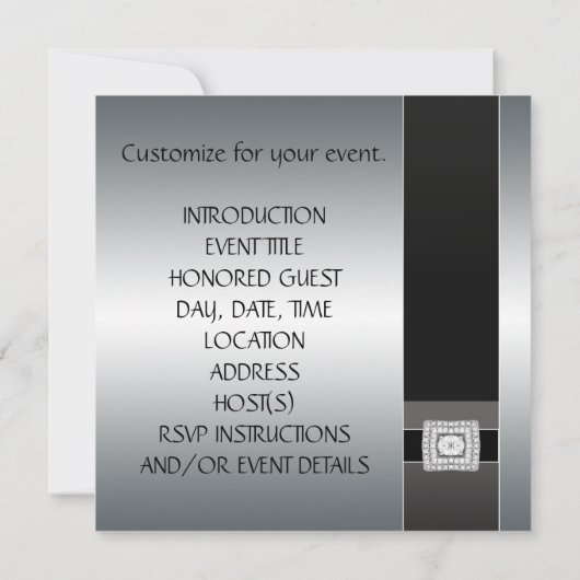 Black Silver Modern Party Invitation Sjabloon Kaart (Achterkant)