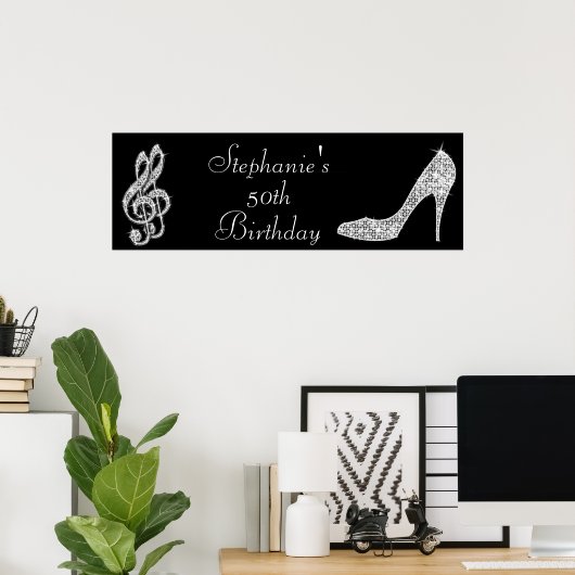 Black/Silver Music Note & Stiletto 50th Birthday Poster (Thuiskantoor)