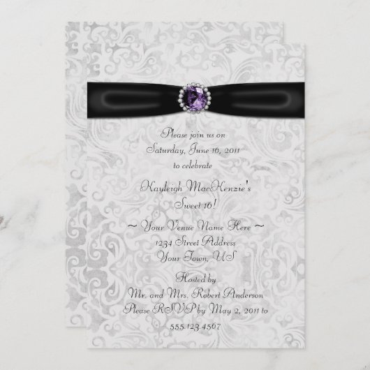 Black Silver Paars Sweet 16 Uitnodiging (Voorkant / Achterkant)