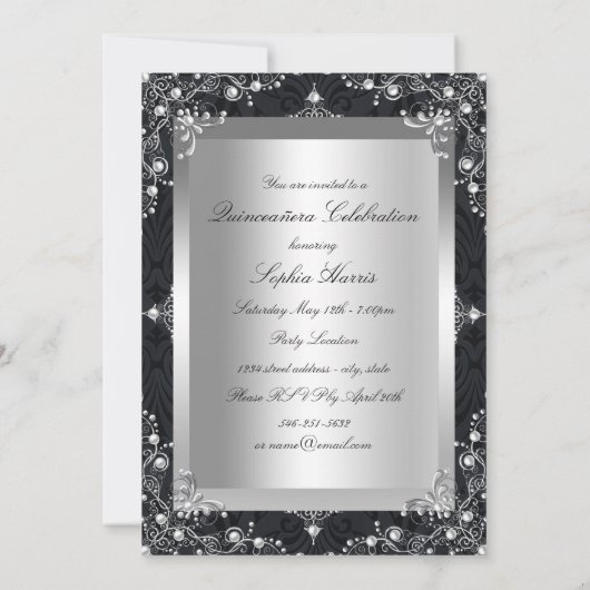Black & Silver Pearl  Glamor Quinceanera Kaart (Achterkant)