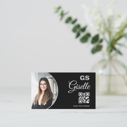 Black Silver Photo Monogram Realtor QR Code Visitekaartje (Staand voorkant)