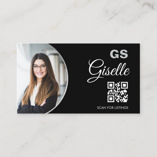 Black Silver Photo Monogram Realtor QR Code  Visitekaartje (Voorkant)